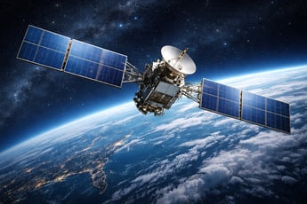 Satellite orbiting above Earth at night