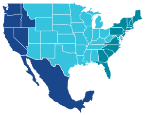 Map showcasing regional coverage across the United States and Mexico