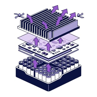 Technical illustration of an eVTOL power module showing heat flow from battery and electronics and a protective coating layer.