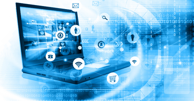 Digital illustration of a laptop with floating connectivity and digital icons.