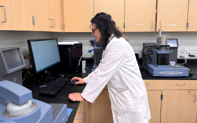 Research chemist analyzing data at a computer workstation in a lab
