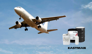 Airplane in sky flying upward, floating image of Eastman logo and various sizing of MPK packaging options