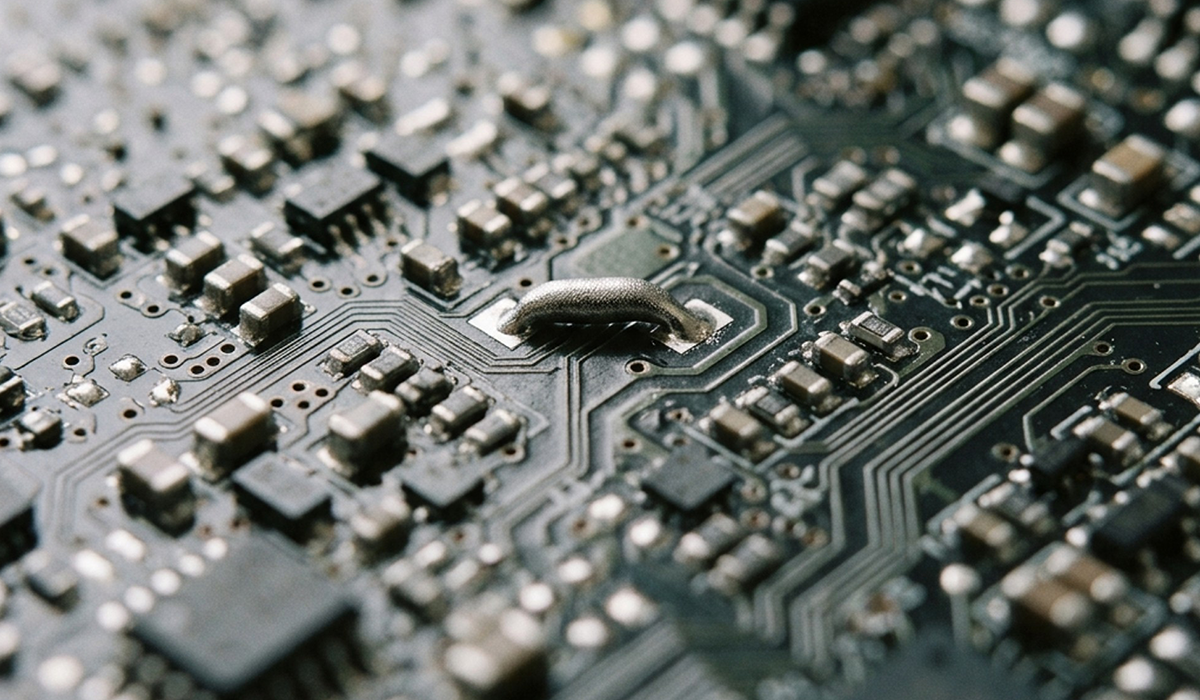 Conductive silver-filled epoxy completing a connection on a densely populated electronic circuit board.