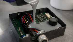 Demonstration of liquid resin potting method used to encapsulate and protect sensitive electronic circuit boards from environmental moisture.